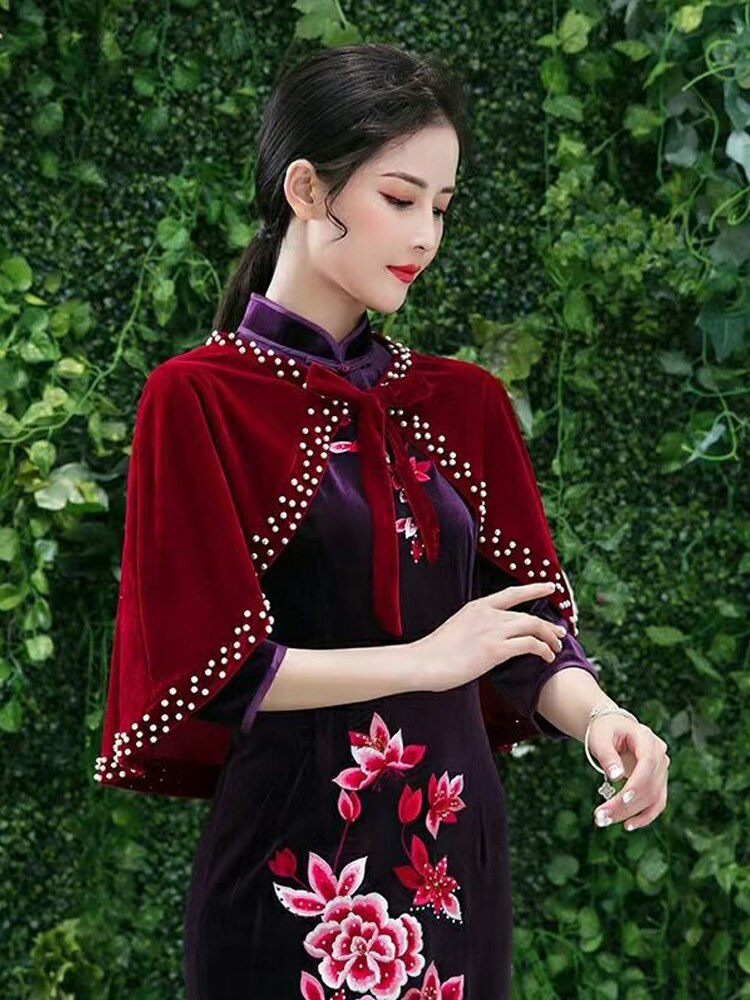 Capa de terciopelo para vestido de madre, chal negro para boda, con perlas: Rojo