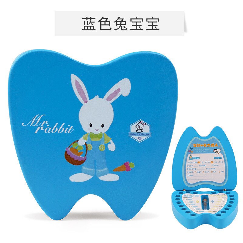 Children GIRL'S Boy Teeth Collection Box Wooden Baby Changing Deciduous Teeth Memorial Box: Blue Bunny  Blue