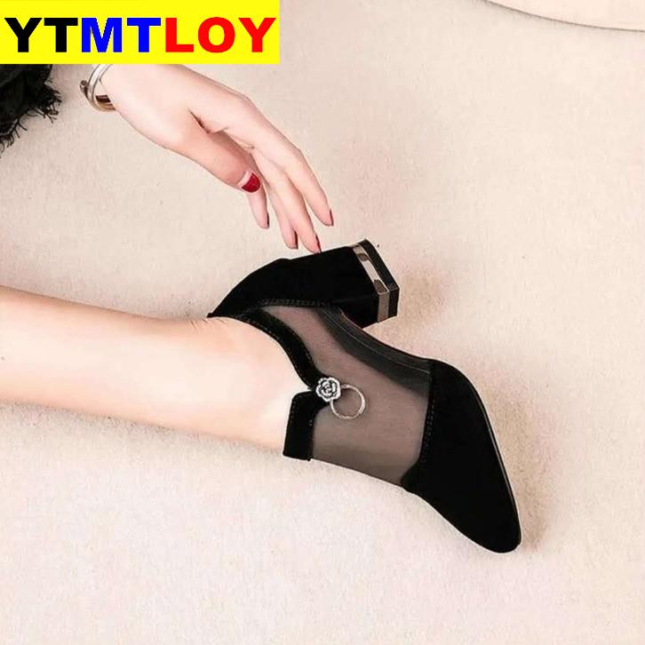 Summer Women High Heel Shoes Mesh Breathable Pumps Zip Pointed Toe Thick Heels Female Dress Shoes Footwear
