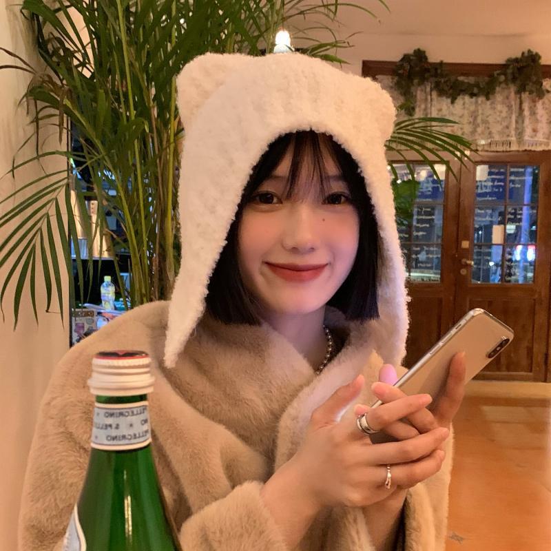 Japanse Kawaii Vrouwen Hoeden Schattige Beer Oren Pluche Mutsen Herfst En Winter Warm Gehoorbescherming Gebreide Touw Bommenwerper Hoed: GRIJS