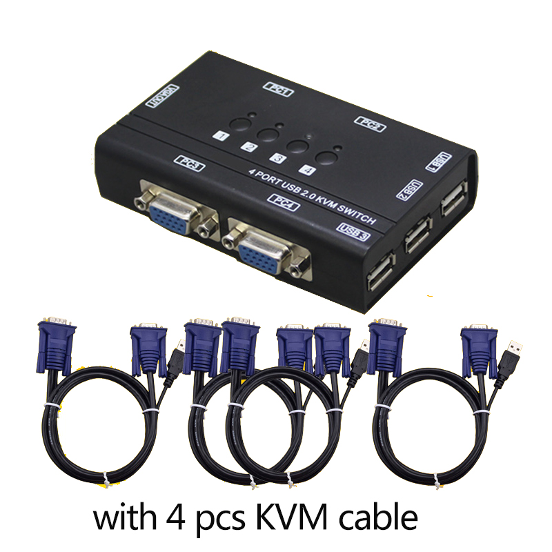 KVM Switch 4 Port AUTO VGA Switch with USB Console, 1 set of keyboard and mouse controls 4 computer hosts with cable