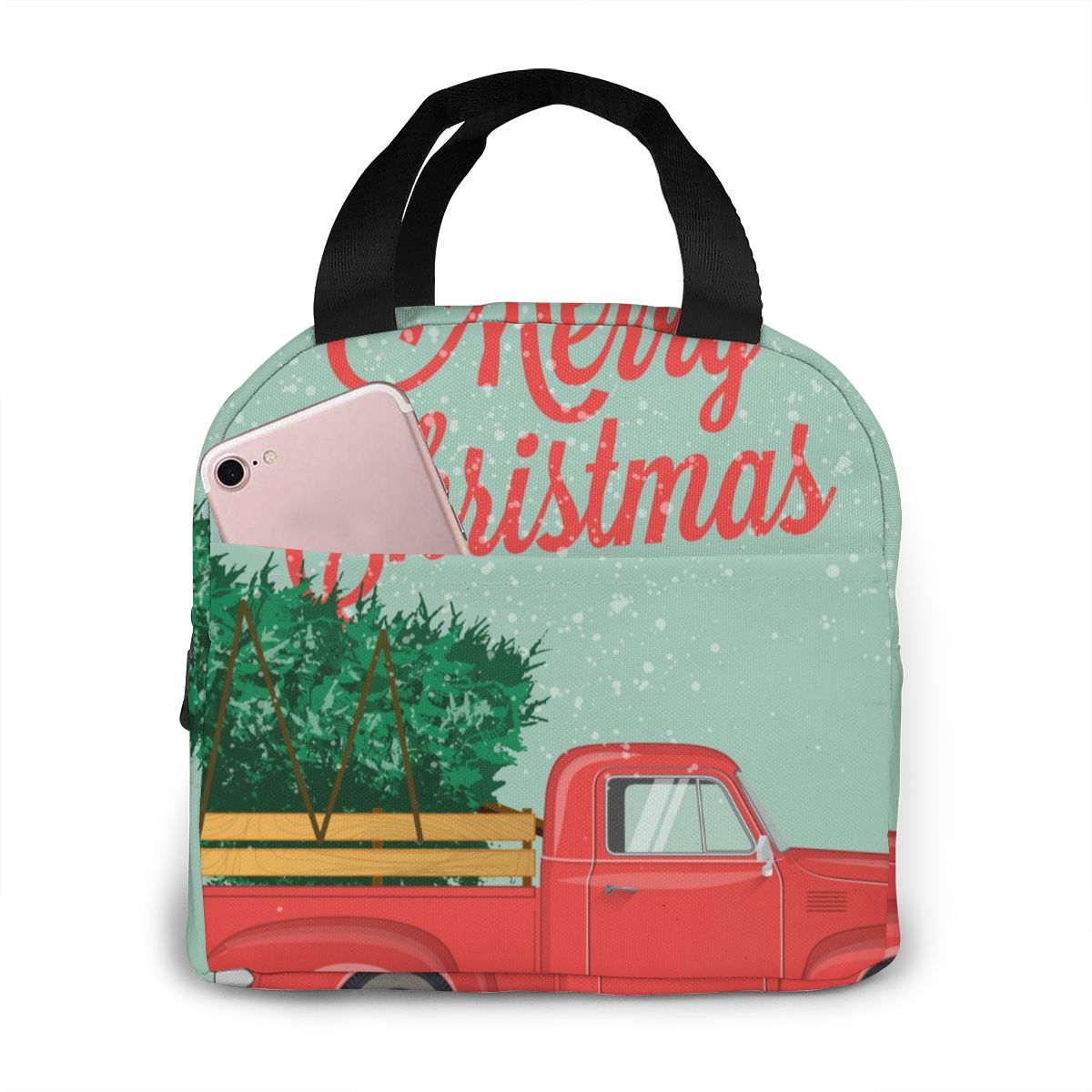 Merry Christmas Red Truck With Tree Lunch Bag Portable Insulated Thermal Cooler Bento Lunch Box Tote Picnic Storage Bag Pouch: Black 1