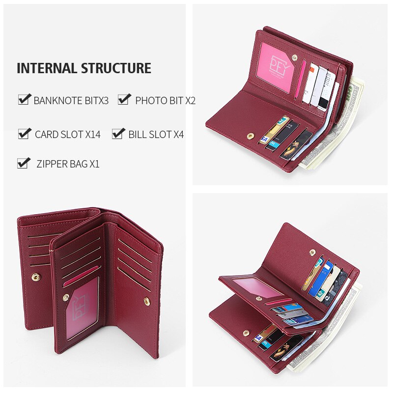 Weichen ruched trifold plånbok dam dragkedja myntficka många korthållare mjukt pu läder märke kvinnliga plånböcker