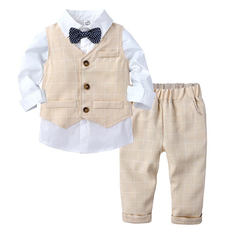 Guttedrakter blazere klær kommode til bryllup formell fest stripet babyvest skjorte bukser låve gutt yttertøy klær sett  zh140: Gul / 80