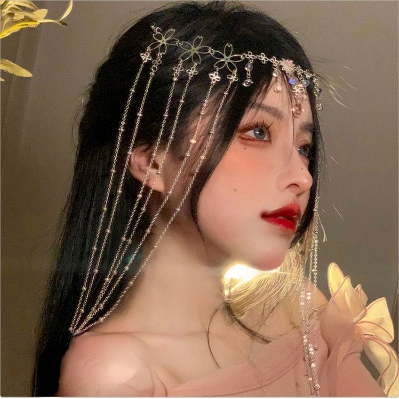 Adornos para el pelo de hadas para mujer, cadena para la frente, cortina facial, tocado de Halloween de hadas de lujo Retro, accesorios para el cabello, diadema de cristal