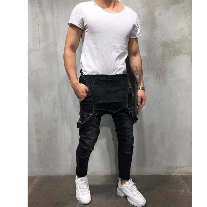 Monos vaqueros negros para hombre, pantalones Cargo rasgados de mezclilla con tirantes, ropa de trabajo, pantalones vaqueros azules de retales, novedad