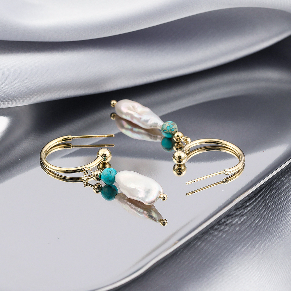 Vg 6 Ym Mode Turquoise Parel Hoepel Oorbellen Voor Vrouwen Trendy Geometrische Cirkel Blauw Stone Gold Metal Oorbellen Sieraden 2022