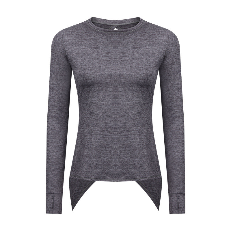 Fitness Vrouwen Lange Mouwen Yoga Shirt Vrouwelijke Sport Top Gym Kleding Slanke Ronde Hals Ademende Hollow Terug Duim Jack running: Hemp Grey / S-6