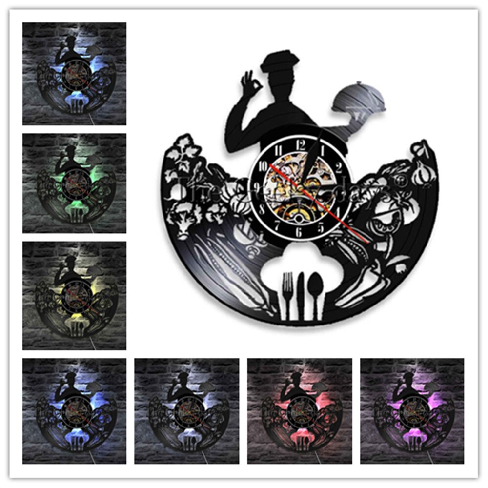 Kitchen Vinyl Record Wall Clock Modern Cooking Room 3D Decoration LED Clock Wall Watch Home Decor for Chef 12 inch: B-7 LED color change