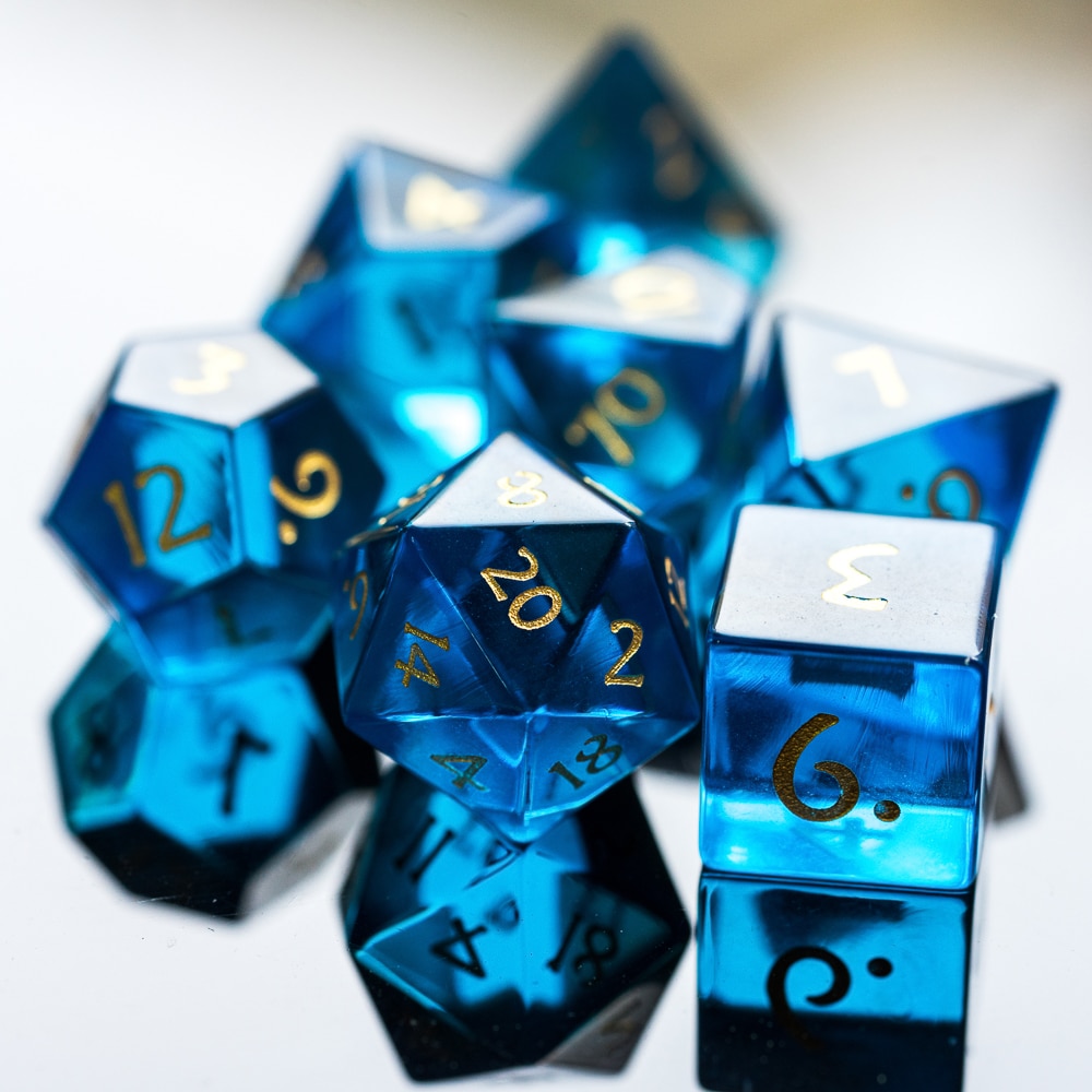 Cusdie Set Van 7 Handgemaakte Glazen Dobbelstenen, 16Mm Polyhedrale Dobbelstenen Set, edelsteen Dices Voor Collection-Blauw Transparant