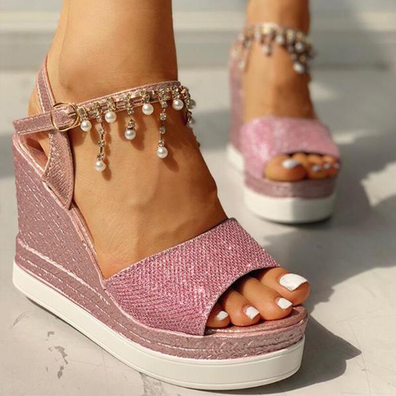 Kvinder kile sandaler sommer perle besat detalje platform sandaler spænde rem peep toe tyk bund fritidssko damer