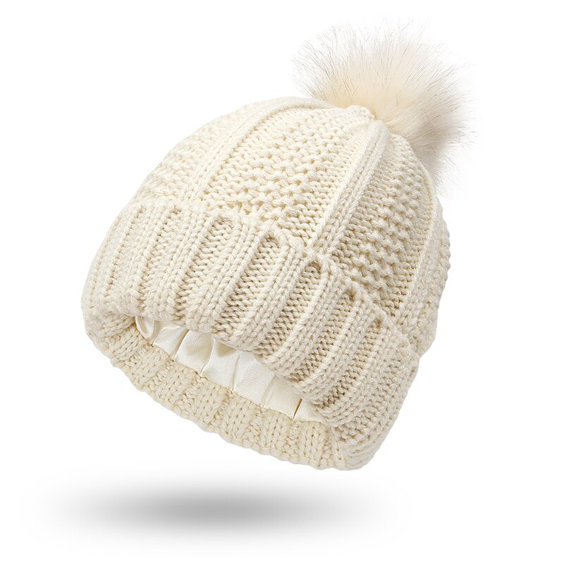 Winter Stricken Woolen Beanie Hüte für Frauen Silk Satin Gefüttert Chunky Kappe Weiche Stretch Kabel Stricken Warme Alle-spiel slouchy Sport Hut: B-beige