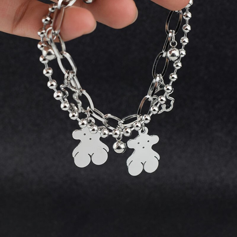 Dubbele Laag Beer Armbanden Rvs Ball Bead Chain Armbanden Harajuku Ins Armbanden