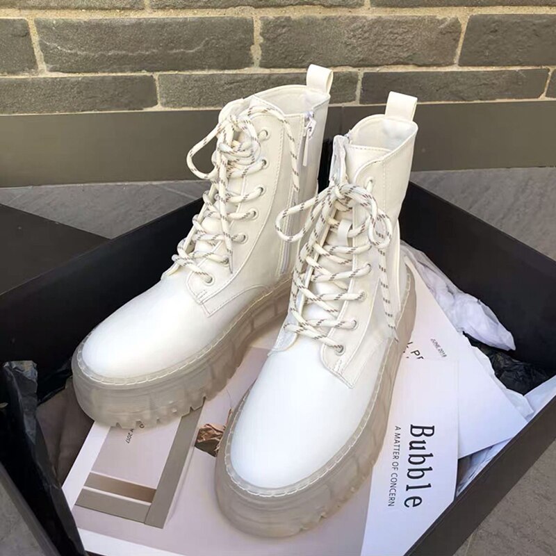 DXFAN punta redonda Creeper Martin botas mujer plataforma de tacón grueso botas de motocicleta mujeres sólidas Zapatos mujer Botines