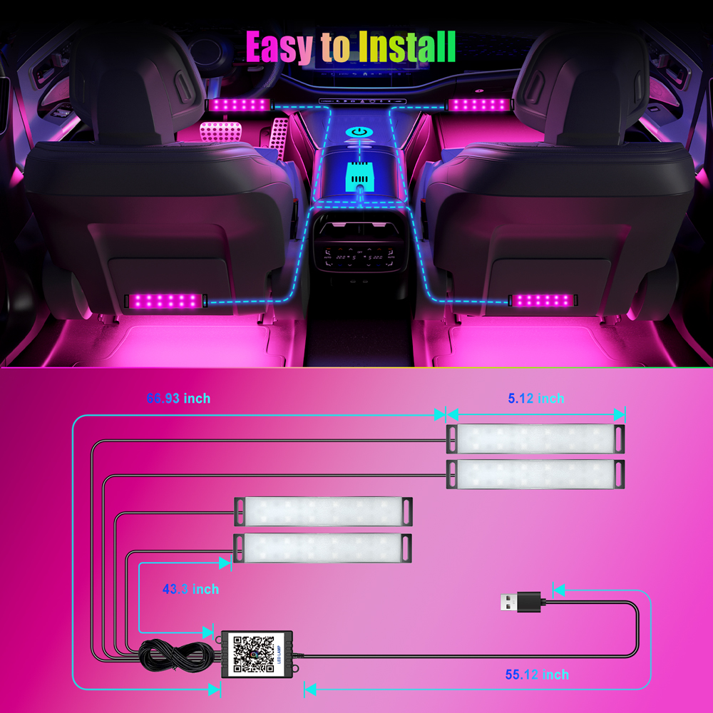 Interior do carro ambiente rgb led luz néon multi-cor sincronização de música dinâmica com controle de aplicativo universal fácil instalação luzes automáticas