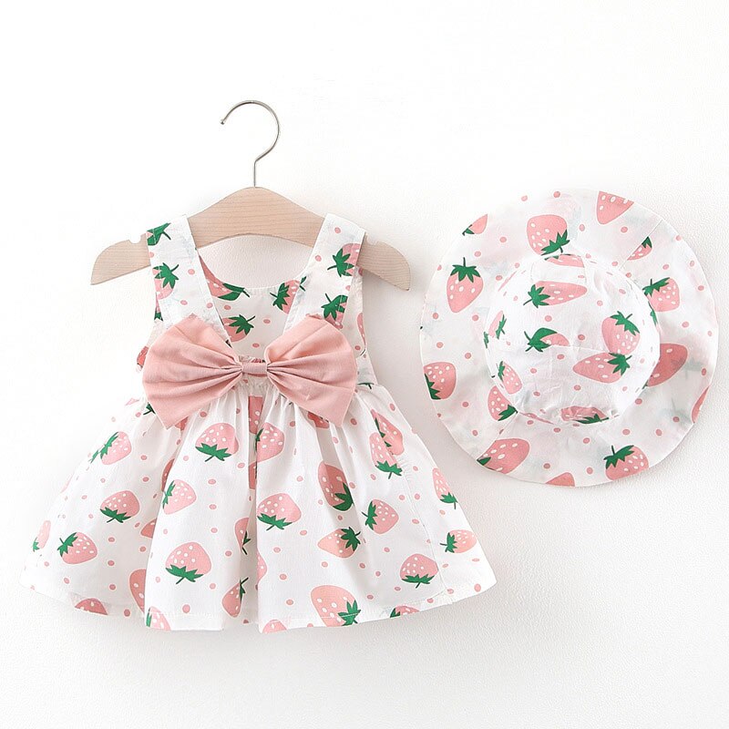 Vestido de verano de fresa con sombrero para bebé, con lazo grande, línea A, ropa de verano para niña, Vestido de playa infantil para bebés: Pink a set / 12 meses