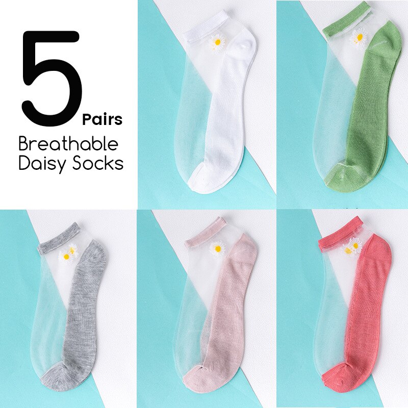 5Pairs/Lot Women Socks for summer Ultra-thin Transparent Cass Glass fiber Silk Socks daisy Flower Japan Ankle Socks: 377-daisy