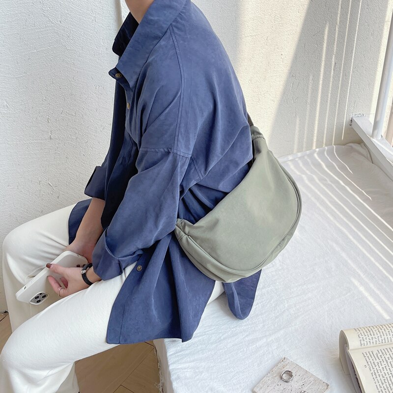 Bolsa feminina de algodão-poliéster com zíper, bolsa estilo escolar japonesa para mulheres, bolsa de ombro crossbody para jovens, em oferta: Verde exército