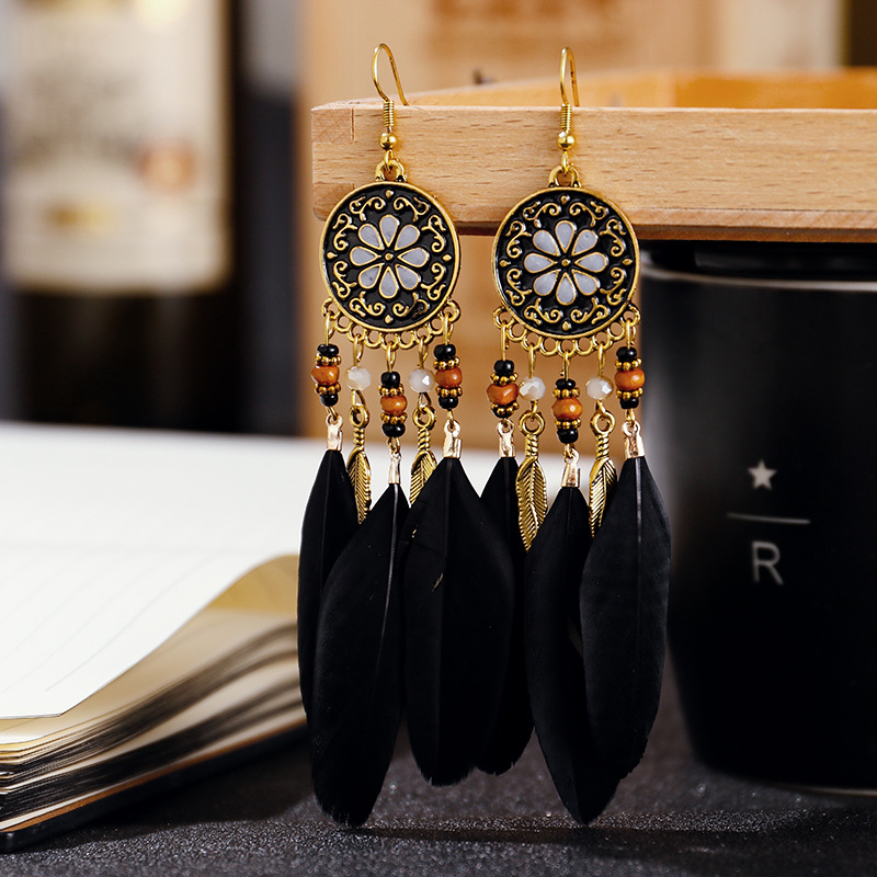 Pendientes bohemios largos de plumas colgantes para Mujer, Pendientes largos de playa con borlas, Pendientes esmaltados de flores hechos a mano, Pendientes de boda para novia para Mujer: Vino tinto