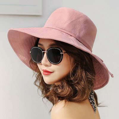 Primavera Verano sombreros de Sol para las mujeres grandes ala ancha de algodón sombrero de cubo para playa Panamá sombrero visera mar Chapeau Femme: pink