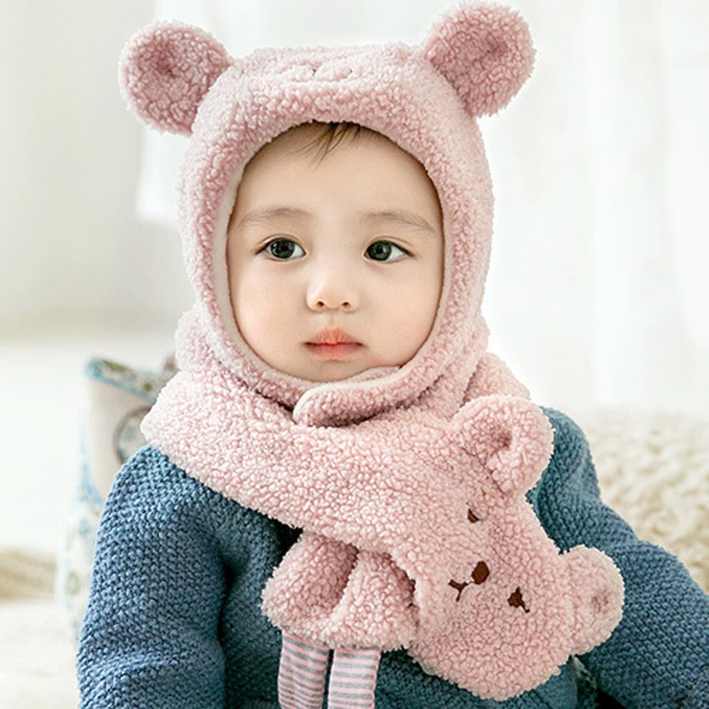 Unisex Cute Baby Cartoon Bear Hat Winter Toddler Boy Girl Solid Knitted Children Lovely Warm Soft Hat+Scarf Two Piece Set