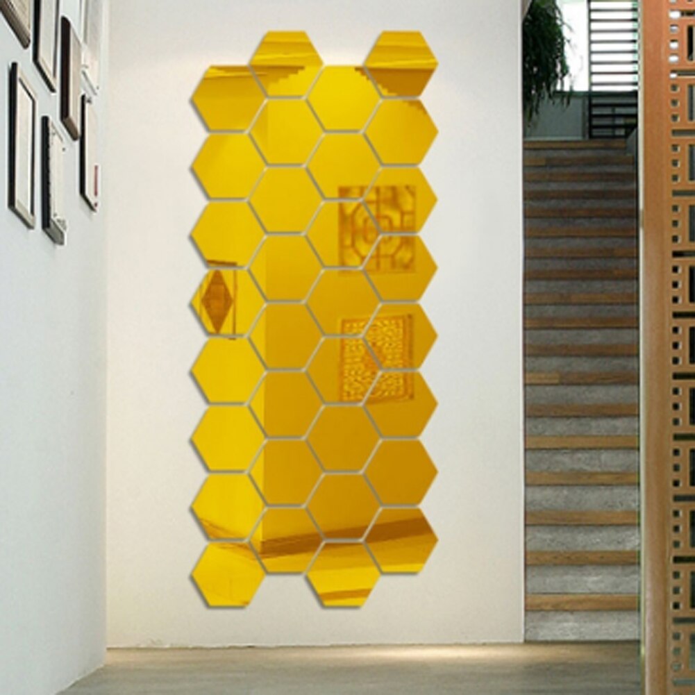 1PC DIY 3D Mirror Wall Sticker Hexagon Stereoscopic Decorative Mirror Wall Stickers Living Room Decor Art Wall Decoration: Glod