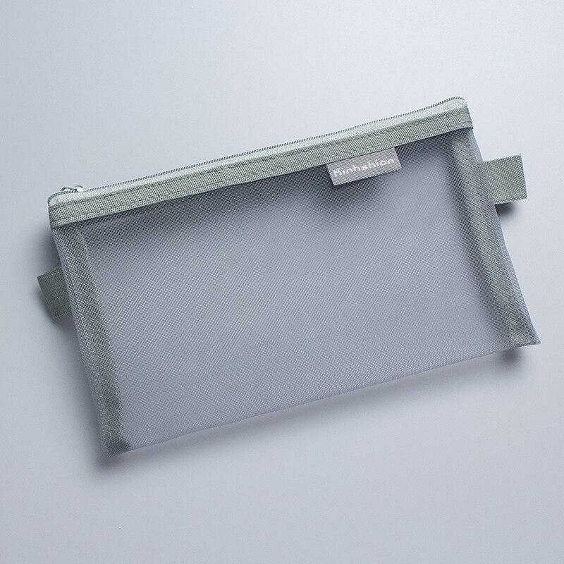 Simple Transparent Mesh Pencil Case Office Student Pencil Cases Nylon Kalem Kutusu School Supplies Pen Box Astuccio Scuola: Long type gray