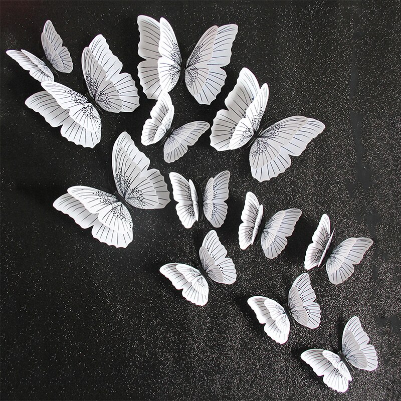 Autocollant mural papillon 3D Double couche, 12 pièces, pour la décoration de la maison, aimant pour réfrigérateur, colle gratuite: Black