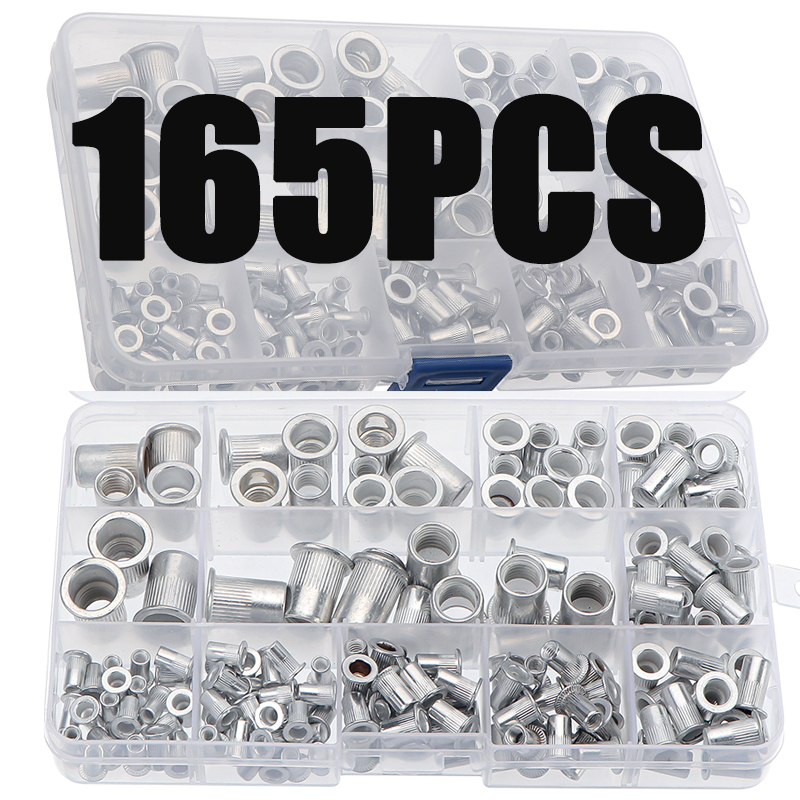 165Pcs M3 M4 M5 M6 M8 M10 Mix Size Klinknagel Noten Set Aluminium Platte Kop Klinknagel Noten Insert Klinknagels met Plastic Doos Hardware Onderdelen