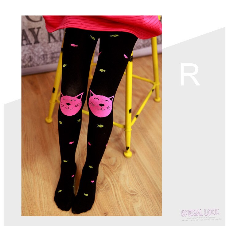 Kawaii 85-120cm Kids Girls Colored Velvet Tights Cute Cat & Fish Printed Tights for Baby Children Pantyhose Stocking Spring