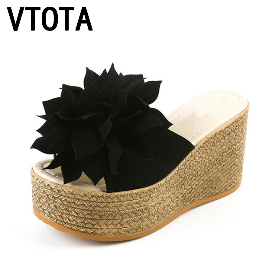 VTOTA kobiety kapcie słodkie kobiety otwarte palce letnie buty wysokie klapki na obcasie kobiety slajdy kwiaty buty na koturnie buty kobieta G62