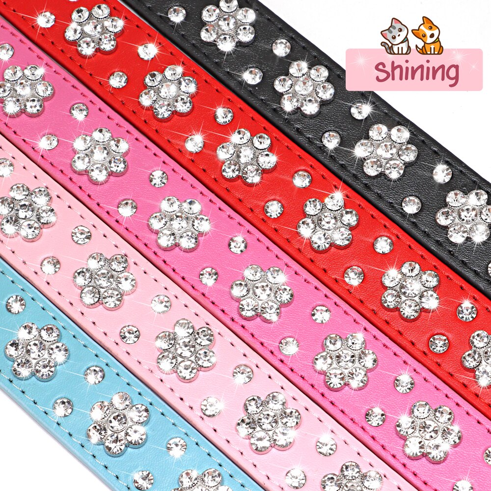 Rhinestone Dog Collar Leather Dog Collars With Bling Crystal Puppy Pet Collars Adjustable For Small Medium Dogs Chihuahua Beagle