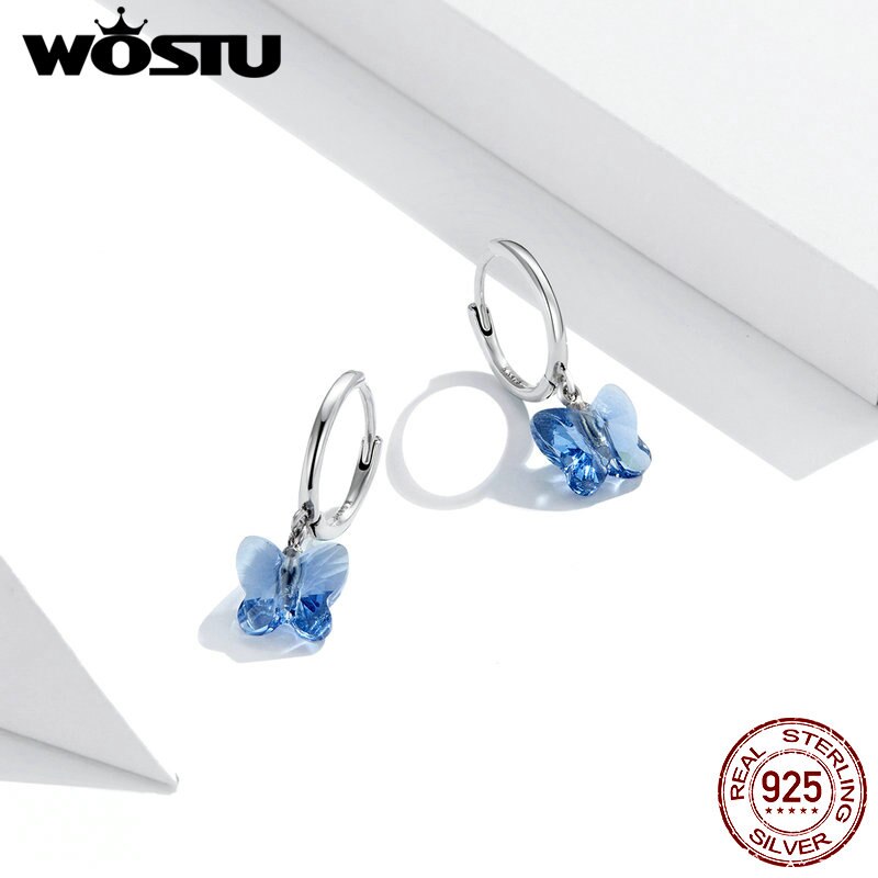 Brincos borboleta poderosa wostu prata 925, brincos originais com cristal azul para mulheres, joia de luxo cqe959