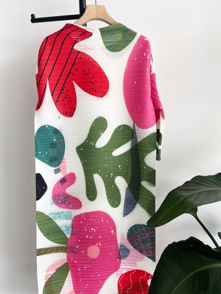 Women's Pleated Loose Fitting Dress Spring Print Color Blocking O-neck Quarter Sleeve Women's Dress