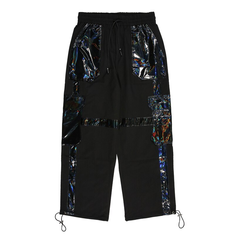 Pantalones negros brillantes charol Cargo bolsillos hombres Streetwear Harajuku pantalones de Harem con cordón ajustable cinta Joggers HipHop pantalones de chándal