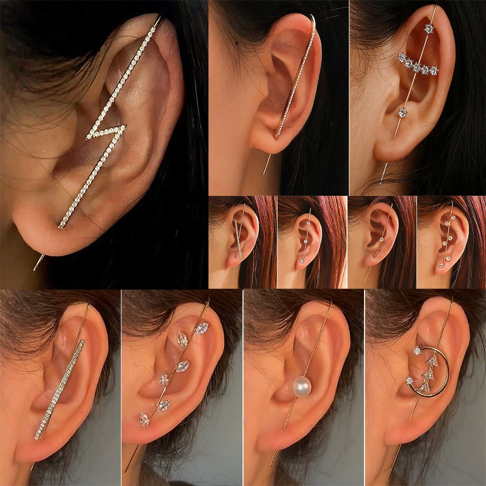 Nuevos pendientes de gancho sobre orugas con aguja para oreja para mujer, pendientes de perforación de circonio con incrustaciones de cobre Diagonal de aurícula envolvente/1 ud.