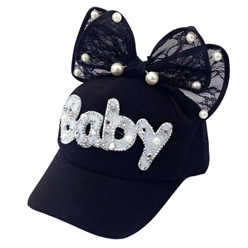 Cute Big Bow Girls Snapback Baseball Cap Children Mesh Hat Spring Summer Adjustable Snapback Casquette Kids Baby Pearl: black