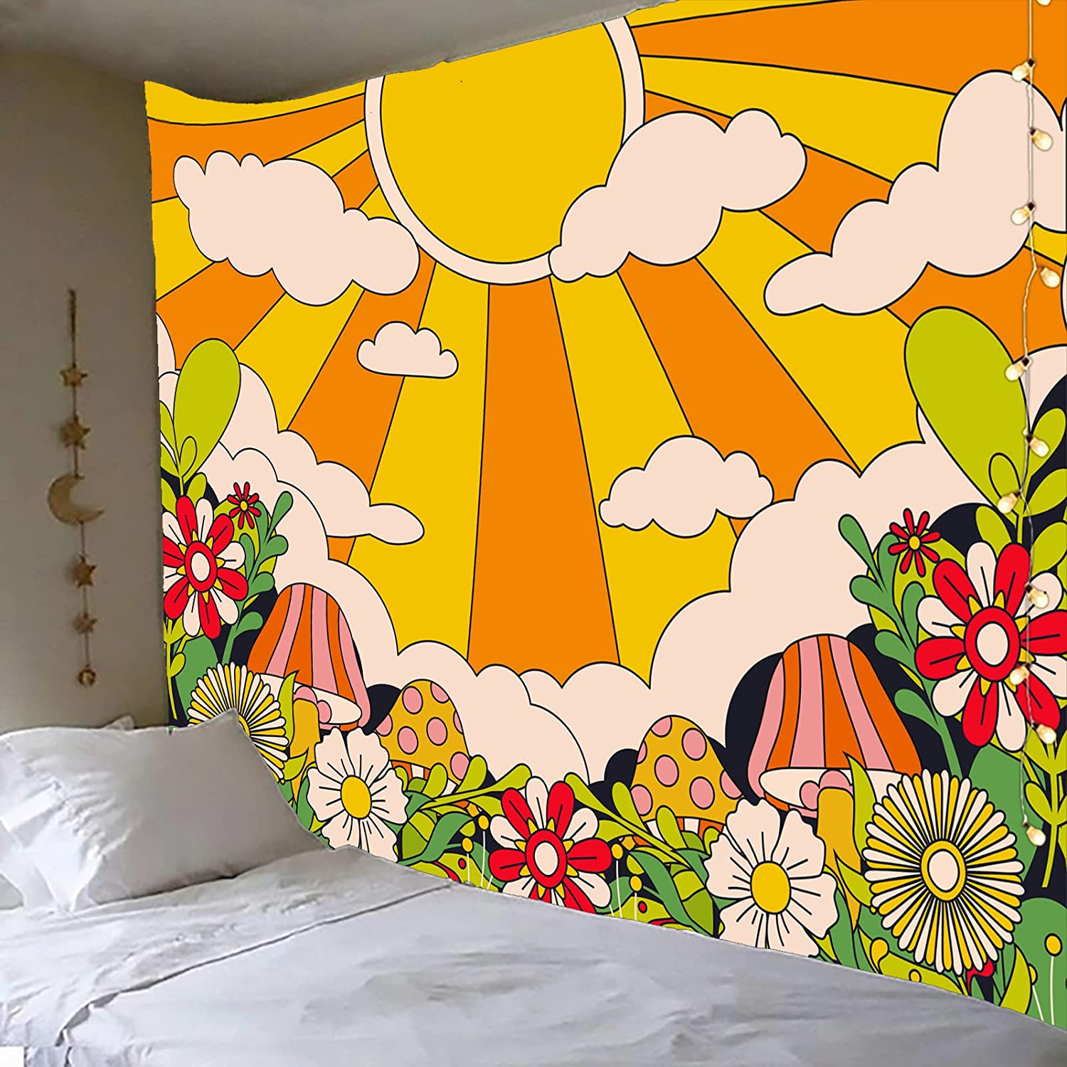 Boho sun and mushroom floral abstract art hippie boho wall tapestry bedroom decor Aesthetic Wall Hanging living room decor