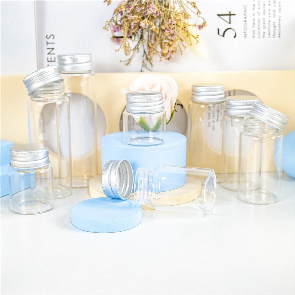 6Pc 25Ml 30Ml 40Ml 50Ml 60Ml 70Ml 80Ml 90Ml Mini Glas clear Fles Met Zilveren Schroef Aluminium Cap Voedsel Container Potten Flesjes