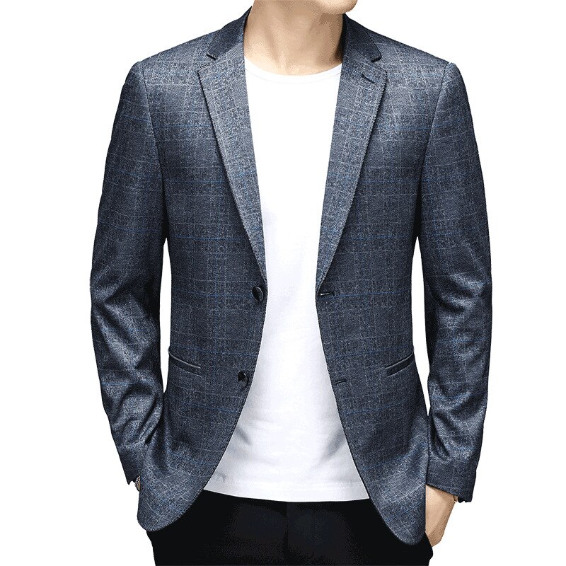 Men's Spring and Autumn Business Casual Plaid Non-Ironing Suit Youth Double Buckle and Handsome blazer: XL