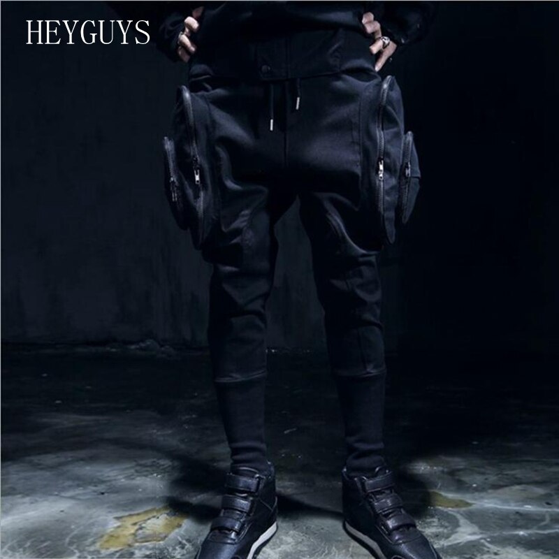 noir blanc maigre grandes poches pantalons hommes Hip Hop Streetwear Jogger Harem pantalon mâle mince décontracté pantalon pieds pantalon