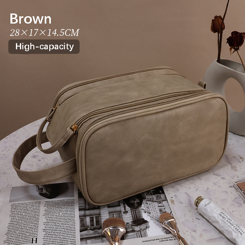Make-uptasje TPU lederen make-uptas voor dames, grote organisator cosmetische tassen met verdeler Waterbestendige toilettas voor op reis: Donkerbruin