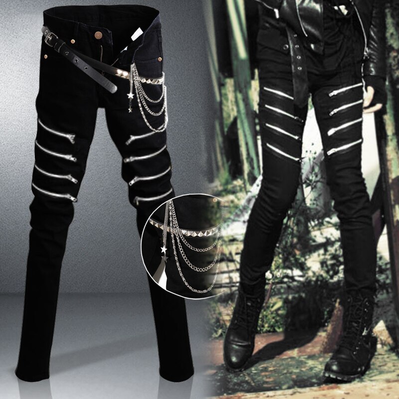 Mens Punk hip hop Black Jeans Lap Hip Rivet Slim Fit Biker Denim Pants Boys Singer Stage Ripped Skinny Jeans With Belts &amp; Chains: asian size 403 / XL