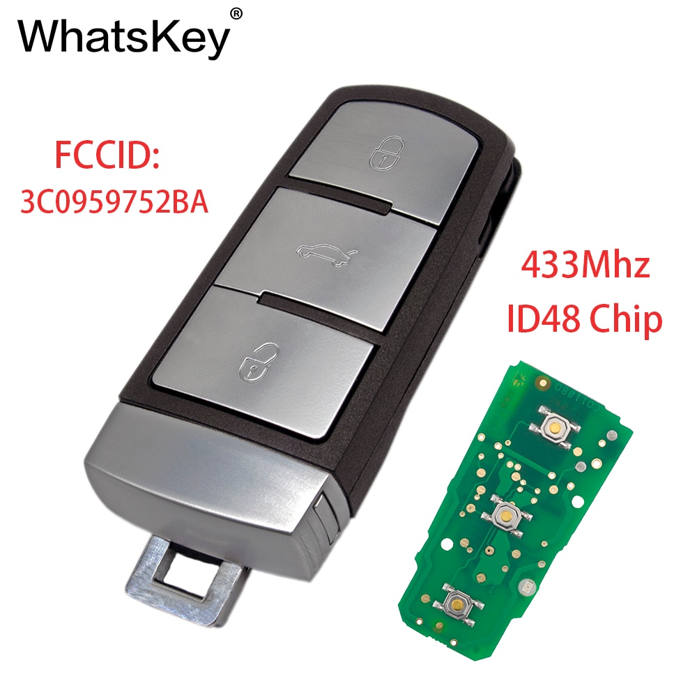 WhatsKey for VW Smart Car Remote Key Fob 433Mhz With ID48 Chip 3C0959752BA 3 Button For Volkswagen Magotan CC Passat B6 3C B7