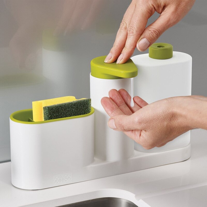 Dispensadores de detergente de cocina soporte dispensador de jabón líquido de espuma fregadero baño automático lavado a mano esponja estante de almacenamiento: 1