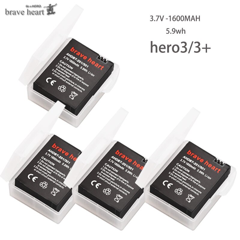 Høj kapacitet bateria hero 3 gopro hero 3 batteri + type-c usb-oplader + batterikasse til gopro go pro hero 3 3+  kamera tilbehør: 4 batterier