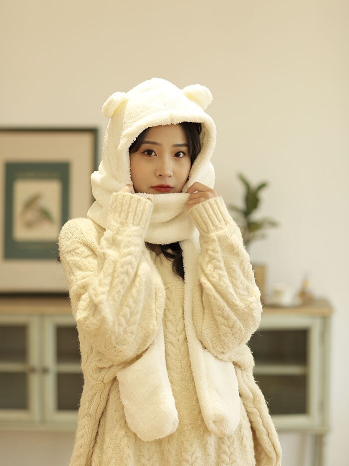 Konijn Hoed Met Bewegende Oren Bunny Hoed Oren Warm Pluche Zoete Leuke Airbag Cap: white  set