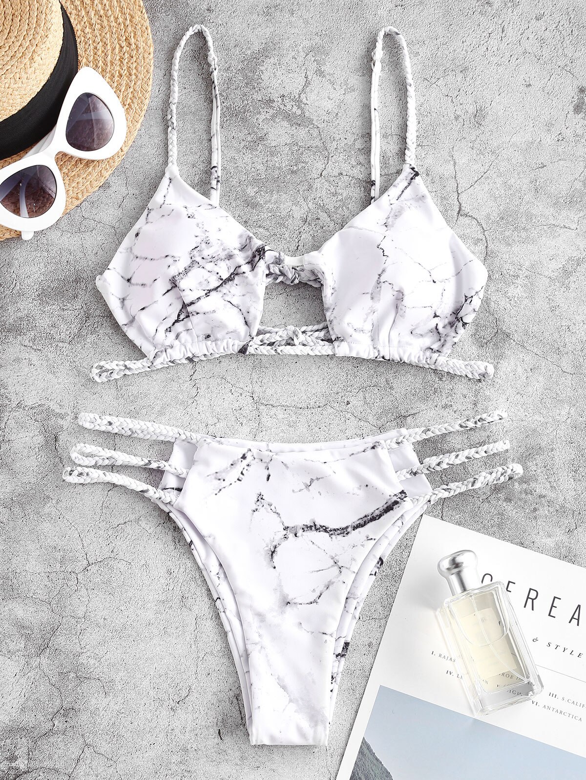 Saful – Bikini imprimé marbre, maillot de bain tressé, bretelles, découpe: White / L