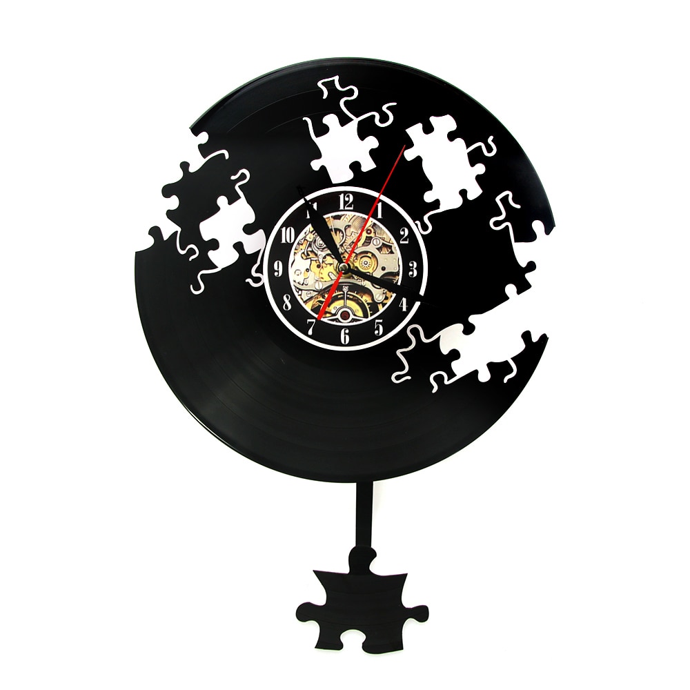 Jigsaw Wall Art Decor Falling Puzzle Wall Clock Modern Puzzle Vinyl Record Pendulum Clock Steampunk Clock Watch