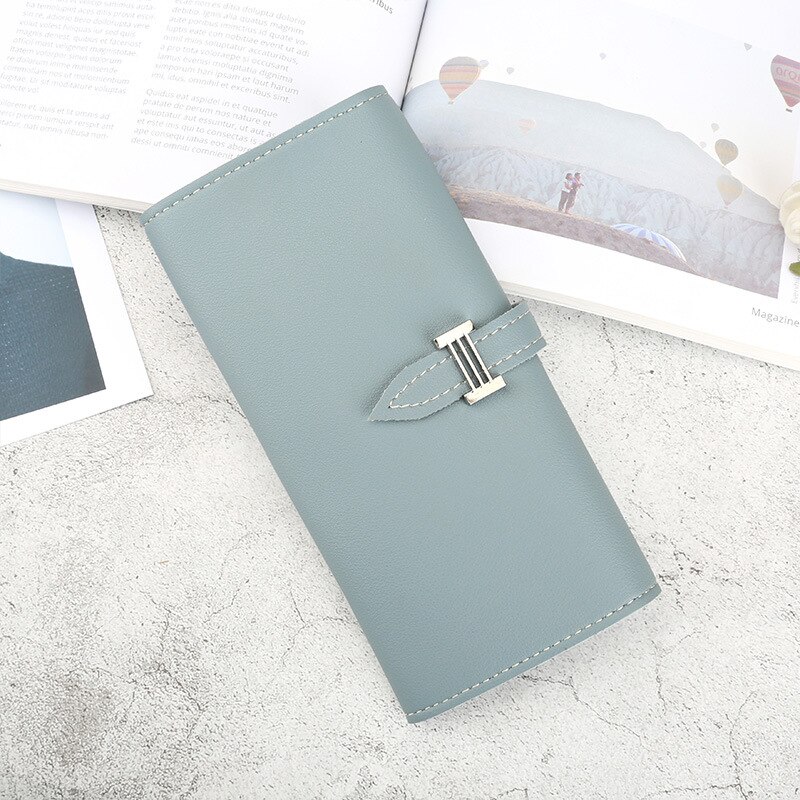 Women's H Letter Leather Wallet lady clutch purse Solid Color Drawstring Long 3 Fold Wallet Spring Model: BLUE